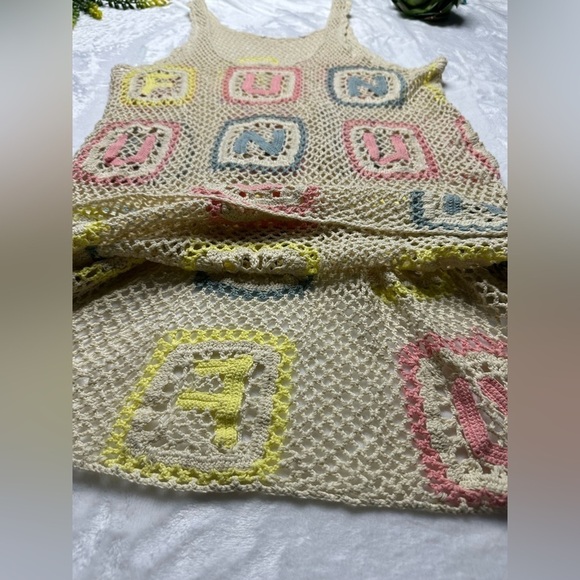 Wildfox Sabrina Fun Granny Square Crochet Mini Dress Cover-up in Cream Pastel - Picture 10 of 14